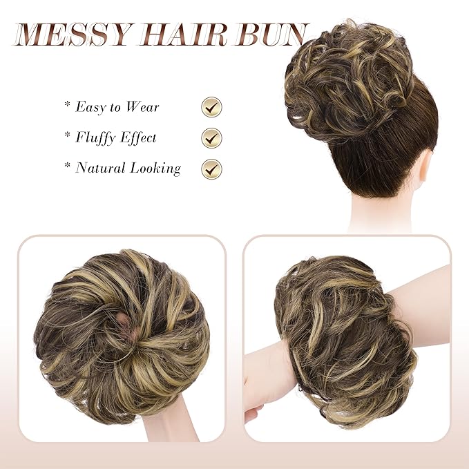 FESHFEN Large Messy Bun Hair Piece - Wavy Synthetic Chignon Scrunchies Elastic Ponytail Hair Extensions Thick Hairpieces for Women, Dark Brown & Champagne Blonde 1.94oz