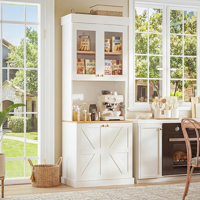 71" Tall Farmhouse Kitchen Pantry, Large Storage Cabinet with Glass Doors, Freestanding Coffee Bar Hutch with Microwave Stand, Adjustable Shelves for Kitchen, Living Room, White
