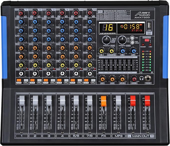 Professional Eight-Channel Audio Mixer with USB Interface, Bluetooth, and DSP Sound Effects