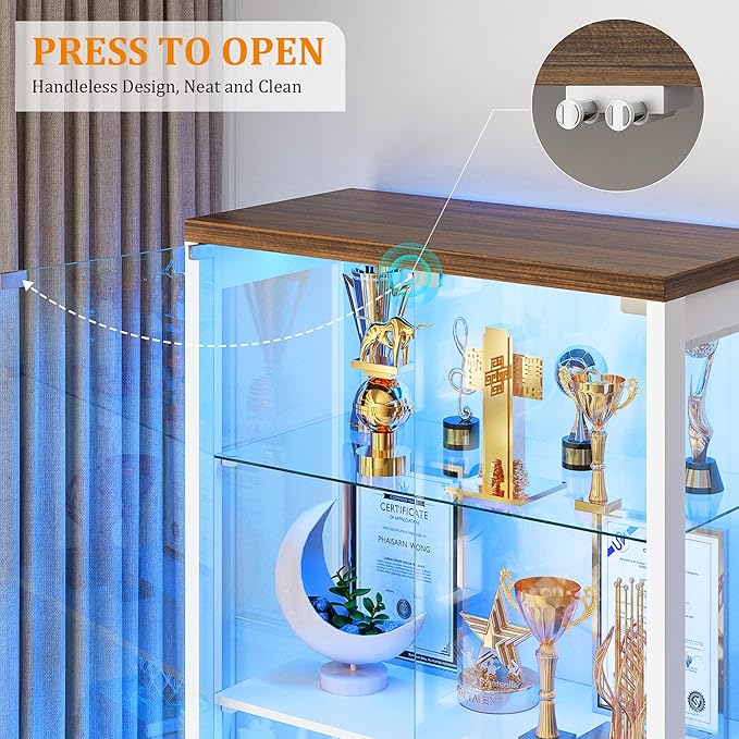 67" Tall Display Cabinet with Glass Doors and 2 Drawers, Adjustable Glass Height Bookcase, Curio Cabinet with 3 LED Lights and Human Body Sensor (White)