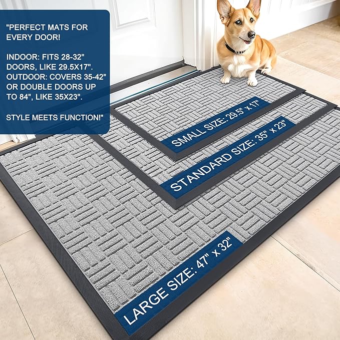OLANLY Front Door Mat Outside Entrance 59x34, Absorbent, Heavy Duty Sturdy Natural Rubber Doormat Indoor Outdoor, Non-Slip, Stain and Fade Resistant, Low Profile Floor Mat for Entryway, Light Gray