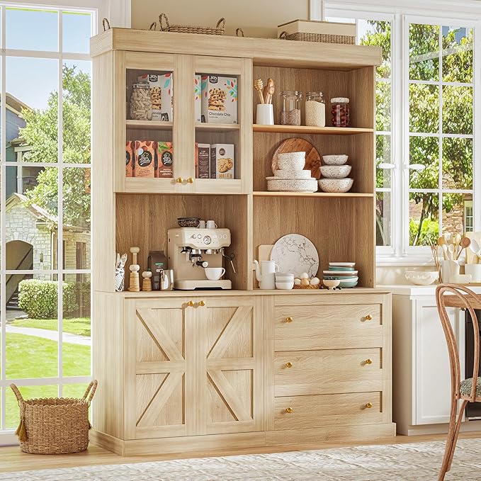 71" Tall Farmhouse Kitchen Pantry, Large Storage Cabinet with Glass Doors and Drawers, Freestanding Coffee Bar Hutch with Microwave Stand, Adjustable Shelves for Kitchen, Living Room, Brown 2 Pcs