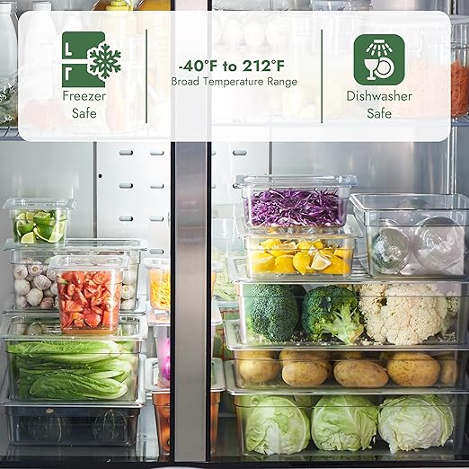 CURTA 4-Pack Full Size 6" Deep NSF Polycarbonate Food Pans with Handled Lids & Drain Trays | Dishwasher & Freezer Safe Clear Container for Prep Tables, Buffet, Salad Bar, Commercial Kitchen