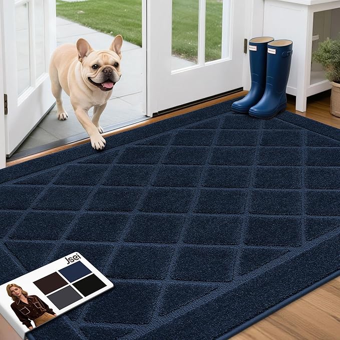 JSEI Dirt Trapper Door Mat 36"x60", Non-Slip Washable Entryway Mats, Dog Door Mat, Stain Resistant and Absorbent Floor Mats, Low Profile Welcome Mat for Front Back Door, Navy Blue