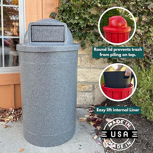 Campus Collection 55 Gallon Round 100% Recycled Plastic Heavy Duty Indoor or Outdoor Trash Can with Push Open Dome Lid and Internal Liner | Great for Schools and Businesses - Orange