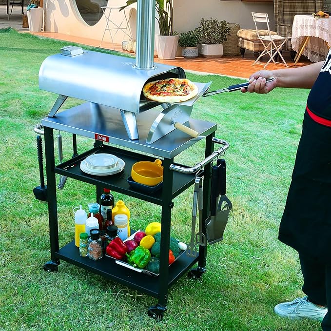 3-Shelf Grill Table, Pizza Oven Stand with Shelf, Movable Pizza Oven Grill Cart, Grill for Outside, Outdoor Bar Cart with Wheels, Stainless Steel top, L26.6xW16.1 Tabletop