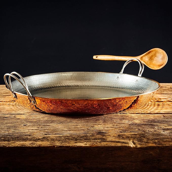 Sertodo 15 Inch Hand-Hammered Copper Paella Pan | Heavy-Gauge Pure Copper Frying Pan & Skillet | Artisan Cookware for Cooking & Serving – Alicante Style
