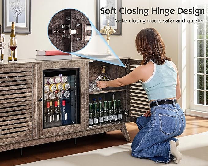60" Farmhouse Coffee Bar Cabinet with Beverage Fridge (Included), Wine Bar Cabinet with Drawer Storage, Mini Fridge Cabinet, Sideboard Cabinet for Dining Room, Living Room-Brown