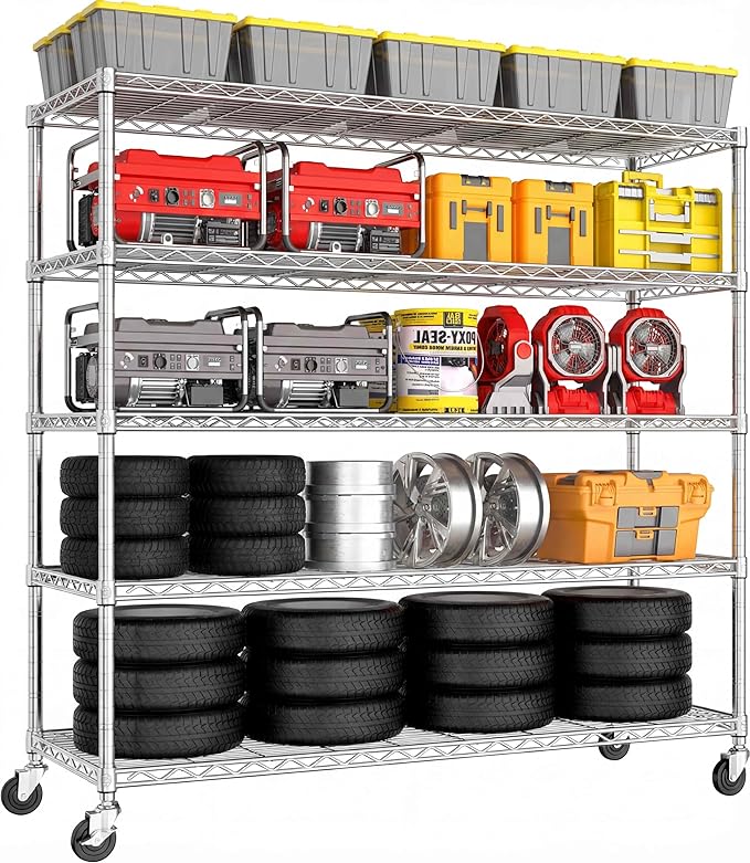 PrimeZone 5 Tier 48" Wx24''Dx81''H Wire Shelving with Wheels 3000lbs NSF Storage Shelves Heavy Duty Metal Shelf Adjustable Rolling Rack Commercial Garage Restaurant Warehouse Kitchen Chrome 6Pack