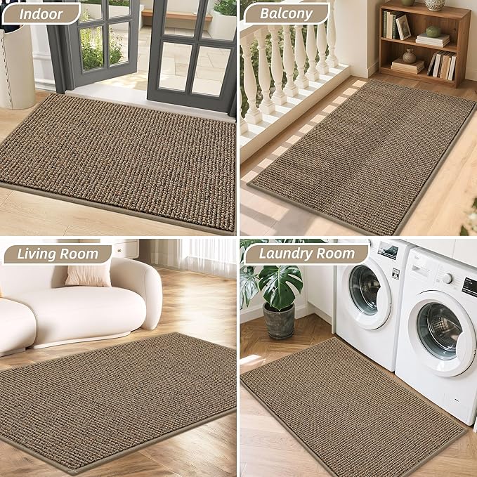 BEQHAUSE Dirt Trapper Door Mat 17" x 30", Non-Slip Doormats (Rolled-Up NO Creases) Washable Entryway Rugs, Dirt Resist and Absorbent Welcome Mat, Low Profile Floor Mats for Front Back Door, Beige