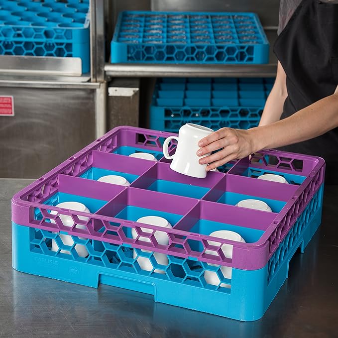 CFS RG9-1C414 OptiClean 9 Compartment Glass Rack with 1 Extender, 5.56", Polypropylene, Lavender/CFS Blue