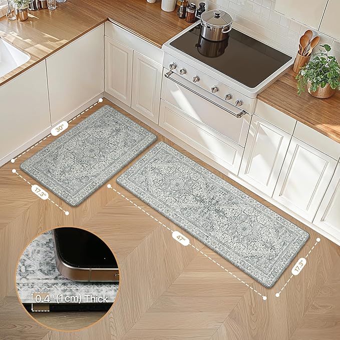 GENIMO Kitchen Mats for Floor, 2PCS Kitchen Rugs Non Slip Washable, Waterproof Anti Fatigue Mat, Comfort Standing Runner Rug for Sink, Office, Laundry, Home, 17.3"x47"+17.3"x30", Blue Grey