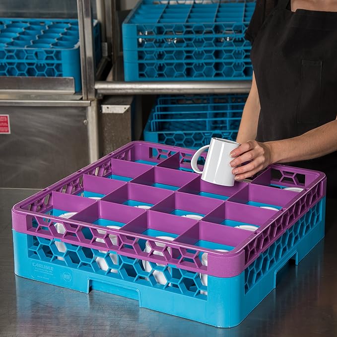 CFS RG16-1C414 OptiClean 16 Compartment Glass Rack with 1 Extender, 5.56", Polypropylene, Lavender/CFS Blue