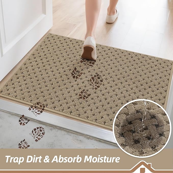 BEQHAUSE Dirt Trapper Door Mat Non-Slip Entryway Rugs Stain Resistant Absorbent Dog Doormats Woven-Look Washable Welcome Floor Doormat for Front Back Door, Muddy Wet Shoes & Paws, 24" x 36", Beige