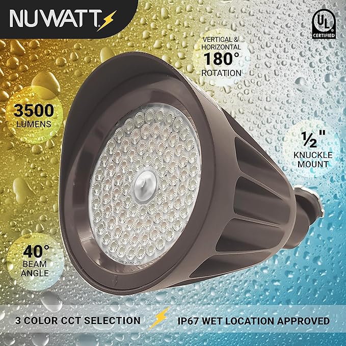 NUWATT 25W Bullet Spot Lights Outdoor LED Landscape Light, 3500 LM Bright Outdoor Lighting for Yard, 30K/40K/50K Selectable, 1/2" Knuckle Mount, 120-277V Waterproof Flag Pole Lights (6-Pack)