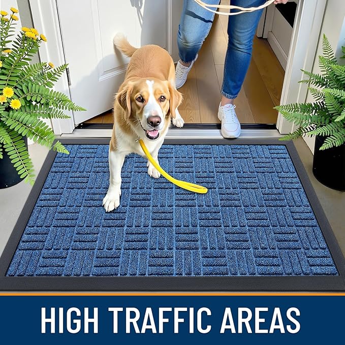 OLANLY Front Door Mat Outside Entrance 47x17, Absorbent, Heavy Duty Sturdy Natural Rubber Doormat Indoor Outdoor, Non-Slip, Stain and Fade Resistant, Low Profile Floor Mat for Entryway, Ocean Blue