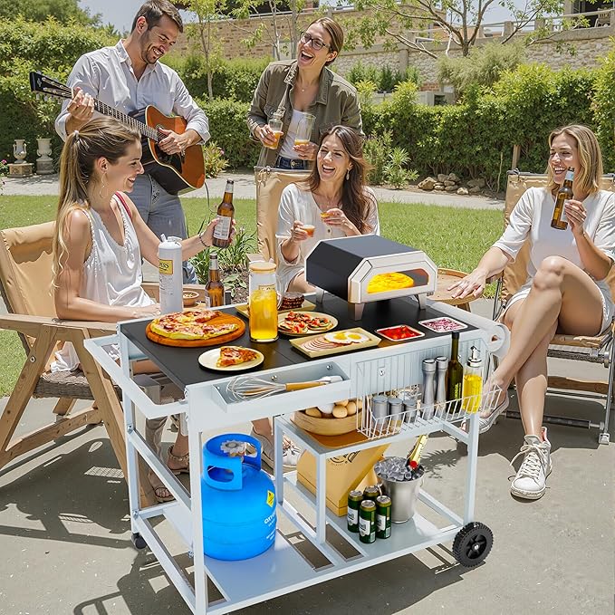 Vongrasig Pizza Oven Cart with Topping Station, Outdoor Grill Table Kitchen Island with Storage for Ninja Woodfire Blackstone Griddle Cuisinart etc Grill, Silver