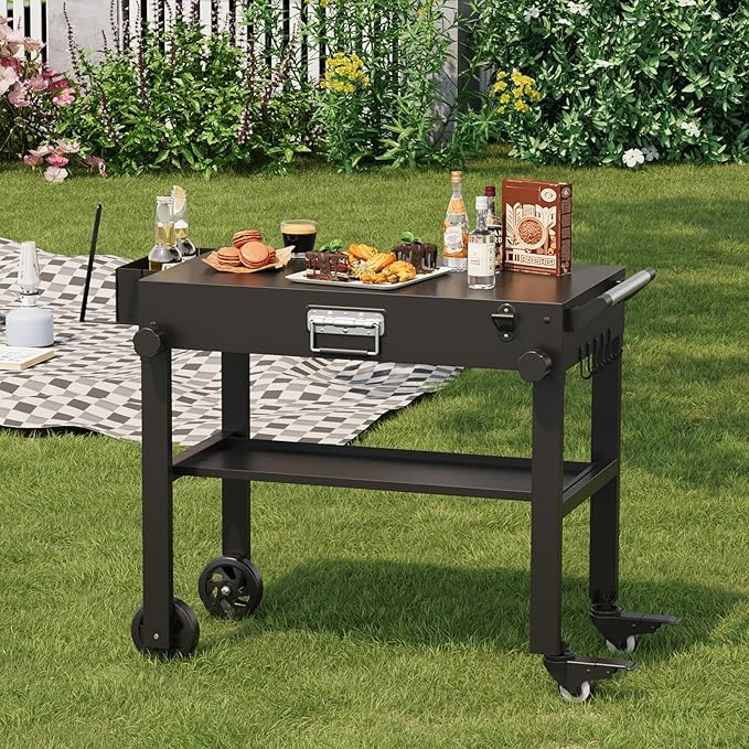 Portable Outdoor Grill Stand, Foldable Griddle Cart Table with Wheels, Pizza Oven Table Stand, Rolling Kitchen Work Table for BBQ Grilling, Food Trailer, Patio and Outdoor Cooking