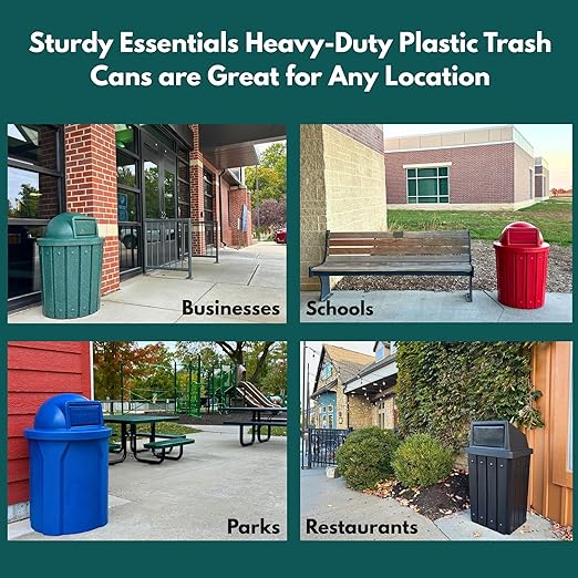 Campus Collection 42 Gallon Circle 100% Recycled Plastic Heavy Duty Outdoor Commercial Trash Can with Push Open Dome Lid and Internal Liner | Great for Schools and Businesses - Green Granite