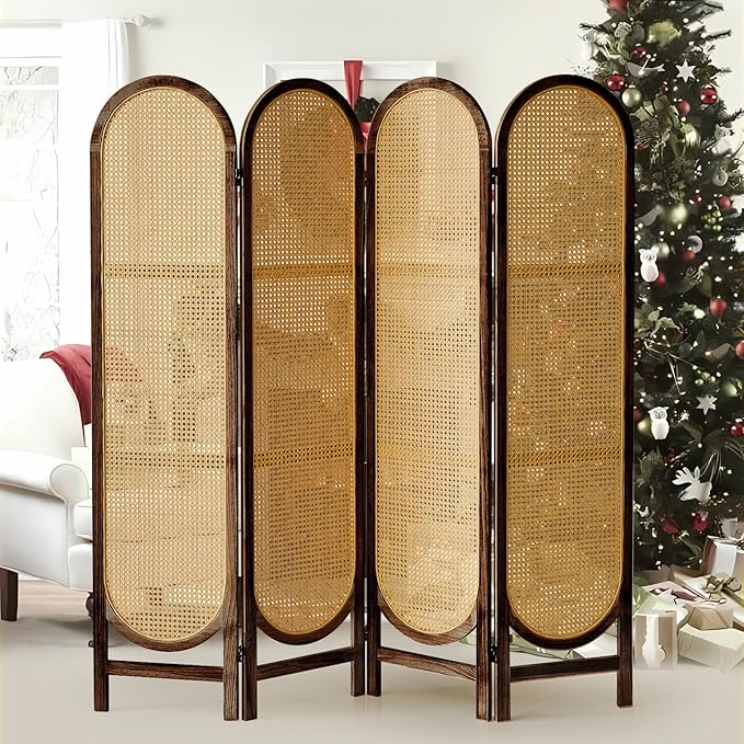 4 Panel Room Divider, 5.6 Ft Foldable Wood Room Divider Screen, Hand-Woven Rattan Folding Privacy Screens with Double Hinges, Wall Divider for Room Separation Bedroom Home Office - Brown