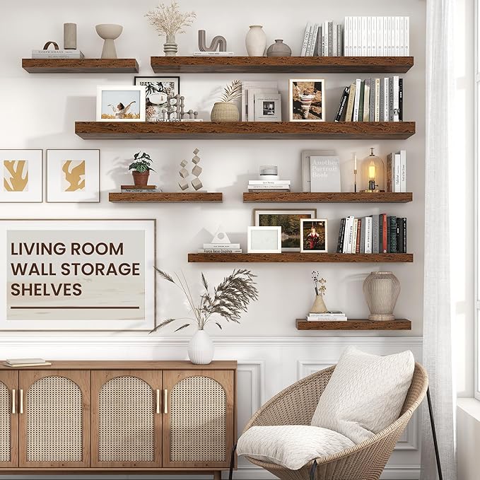 Floating Shelves for Wall 24"W x 6.7"D x 1.37"H, Engineered Wood Wall Shelves with Invisible Brackets for Living Room Bedroom Bathroom Office Kitchen Decor and Storage, Rustic Brown Finish, Set of 2