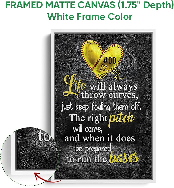 Custom Softball Life Is Always Throw Curves Gift For Pitcher Girl Personalized Name Number Poster & Framed Canvas, Wall Art Home Office Decoration Living Room Bedroom Aesthetic Decor