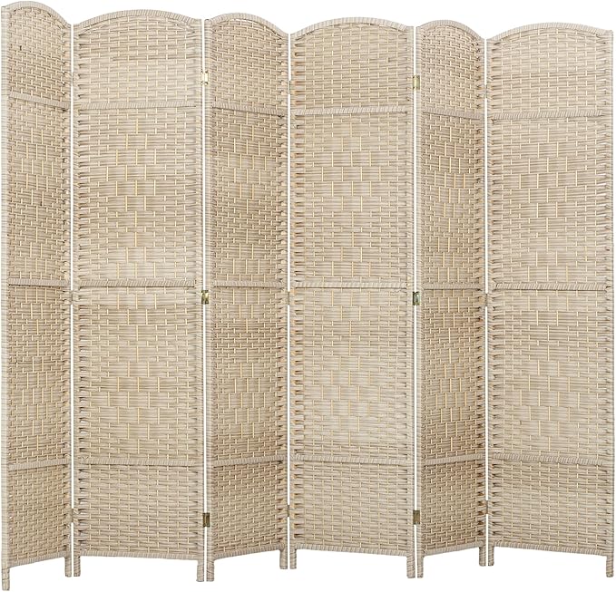 HOMCOM 6 Panel Room Divider, 6' Tall Folding Privacy Screen, Woven Freestanding Wall Partition for Home Office, Bedroom, Washed Oak