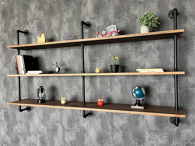 Floating Shelves 70 inch Wall Bookshelf Industrial Pipe Shelving Shelves Real Wood Planks Rustic Wall Shelves Hanging Bookshelves Farmhouse Kitchen Bar Shelving