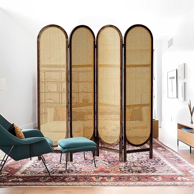 4 Panel Room Divider, 5.6 Ft Foldable Wood Room Divider Screen, Hand-Woven Rattan Folding Privacy Screens with Double Hinges, Wall Divider for Room Separation Bedroom Home Office - Brown