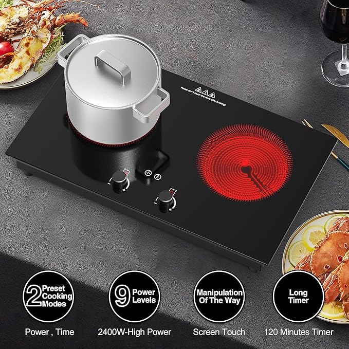 VBGK Electric Cooktop,2400W Electric Stove Top,Countertop and Built-in Hot Plate with Child Safety Lock, Timer, LED touch Knob Control,Overheat Protection,110V 2 Burner Induction Cooktop