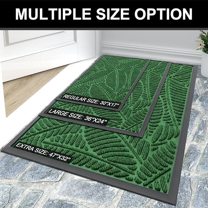 Colorxy Waterproof Doormat, Sturdy Natural Rubber Front Indoor Mat, Non Slip Low Profile Indoor Outdoor Door Mats, Stain and Fade Resistant Floor Mat, Easy Clean Patio Entrance Mat, 36''x24'', Green