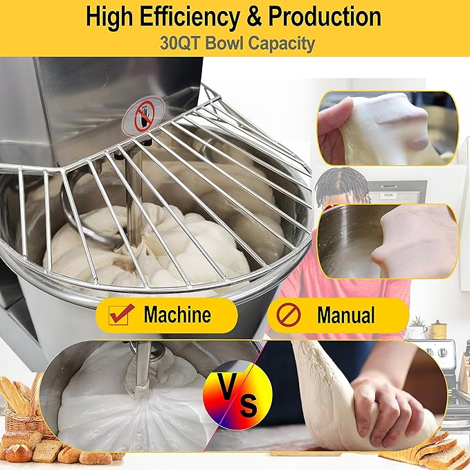 TECHTONGDA Commercial Stand Mixer, 30L Electric Dough Mixer, Double Action Double Speed Dough Kneading Machine with Security Shield & Speed Time Control, Perfect for Bakery Pizzeria, 110V 1500W