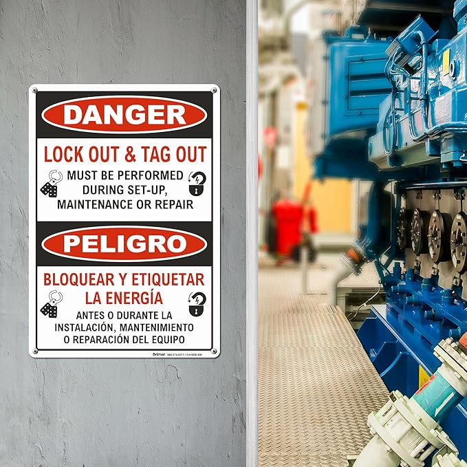 Brimar - 7 x 10" - Bilingual Danger Lock Out & Tag Out Sign - Polyethylene Plastic - High Visibility - Easy Installation
