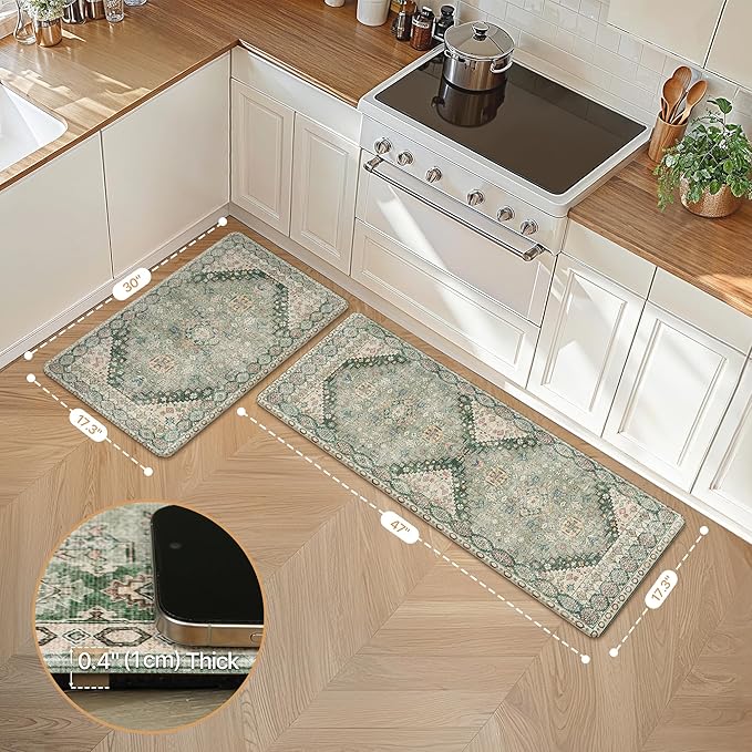 GENIMO Kitchen Mats for Floor, 2PCS Kitchen Rugs Non Slip Washable, Waterproof Anti Fatigue Mat, Comfort Standing Runner Rug for Sink, Office, Laundry, Home, 17.3"x47"+17.3"x30", Muted Green