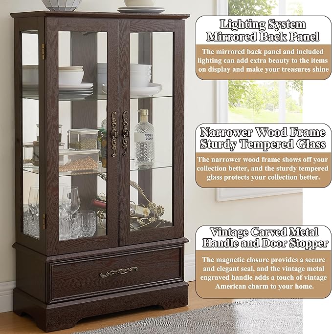 47" H Lighted Curio Cabinet Display Case, Glass Case with Adjustable Shelves,Tempered Glass Door and Drawer, Wooden Curio Cabinet with Mirrored Back Pane for Living Room (Dark Cherry)