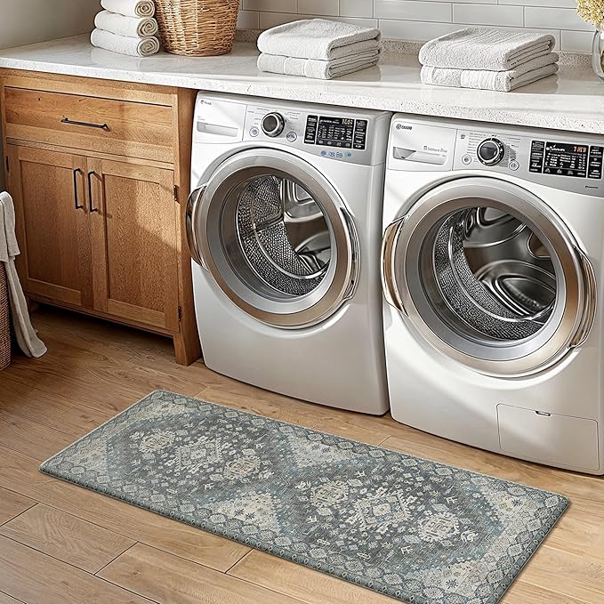 GENIMO Kitchen Mats for Floor, 2PCS Kitchen Rugs Non Slip Washable, Waterproof Anti Fatigue Mat, Comfort Standing Runner Rug for Sink, Office, Laundry, Home, 17.3"x47"+17.3"x30", Slate Blue