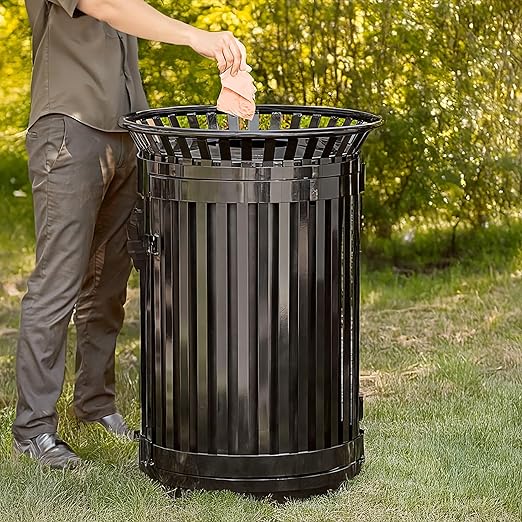 45 Gallon Black Trash Can with Flat Lid & Door, Outdoor Heavy-Duty Commercial Waste Bin Steel Slatted, Round Recycle Container, Durable Garbage Can for Parks, Municipalities, Schools, Parking