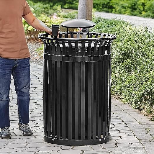 45 Gallon Black Trash Can with Rain Bonnet Lid, Outdoor Heavy-Duty Commercial Waste Bin Steel Slatted, Round Recycle Container, Durable Garbage Can for Parks, Municipalities, Schools, Parking