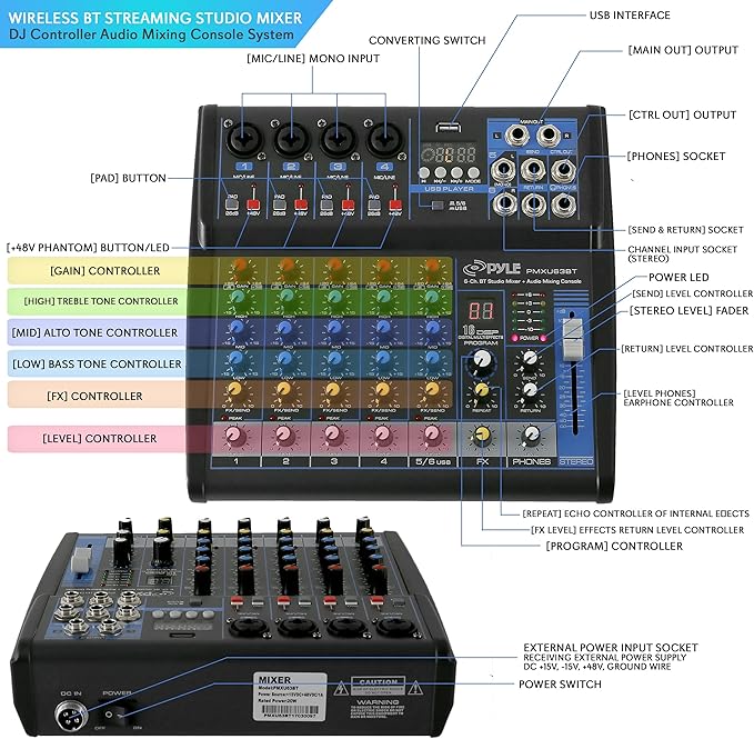 Pyle Professional 6 Channel Audio Mixer with Bluetooth - DJ Sound Board - USB Computer Input - Built-in MP3 Player - 48V Phantom Power - 3 Band EQ - 16-Bit DSP FX - Band, Studio Ready - PMXU63BT