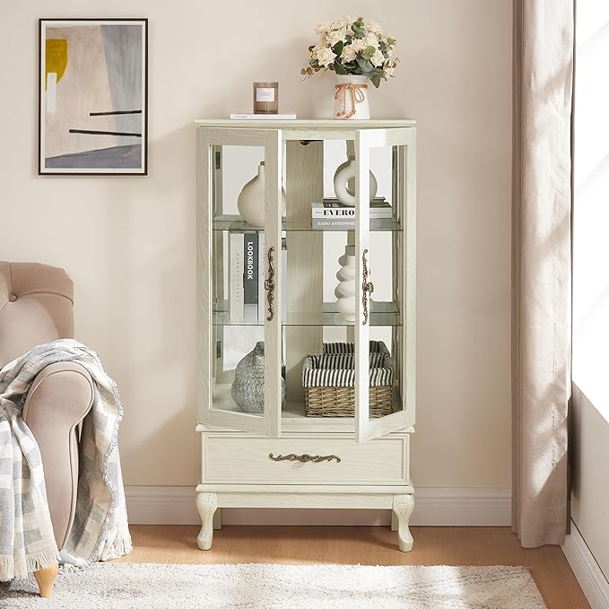 51" H Lighted Curio Cabinet Display Case, Glass Curio Cabinet with Adjustable Shelves,Tempered Glass Door and Drawer, Wooden Cabinets w/Mirrored Back Pane for Living Room (Antique White)