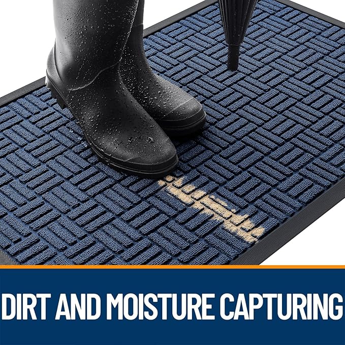 OLANLY Front Door Mat Outside Entrance 47x23, Absorbent, Heavy Duty Sturdy Natural Rubber Doormat Indoor Outdoor, Non-Slip, Stain and Fade Resistant, Low Profile Floor Mat for Entryway, Navy Blue