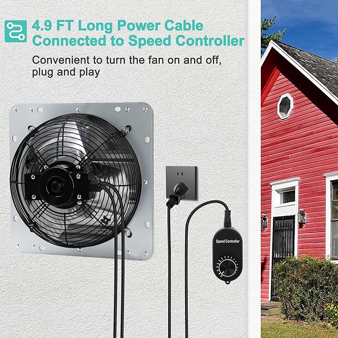 10 Inch Shutter Exhaust Fan with Speed Controller and Power Cord, Wall Mount Attic Fan for Greenhouses, Sheds, Garages, Chicken Coops, Barns Ventilation, 820 CFM
