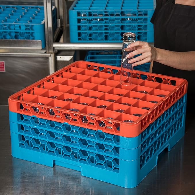 CFS RG49-3C412 OptiClean 49 Compartment Glass Rack with 3 Extenders, 8.72", Polypropylene, Orange/CFS Blue