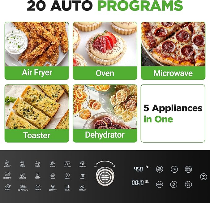 NutriChef 32 Quart Air Fryer & Oven | Digital Airfryer with 20 Presets, Dual Cook, Rotisserie, Bake & More | Multi-Function Convection Countertop Oven | Large Capacity | 18" x 17" x 14 | Black