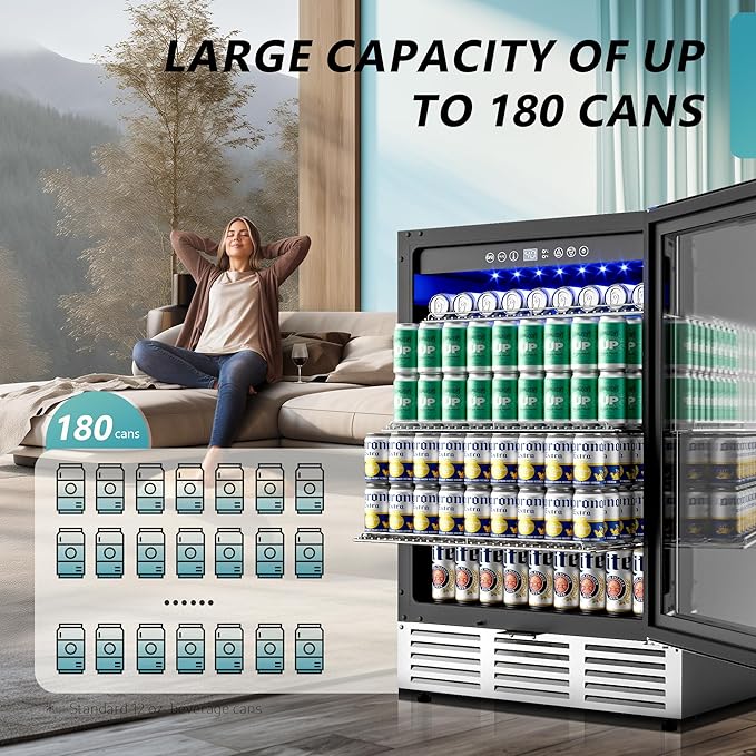 EUHOMY 24 Inch Beverage Refrigerator, 180 Can Built-in Beverage Cooler, Under Counter Beer Fridge with Glass Door for Soda, Water, Wine - For Kitchen, Bar or Office
