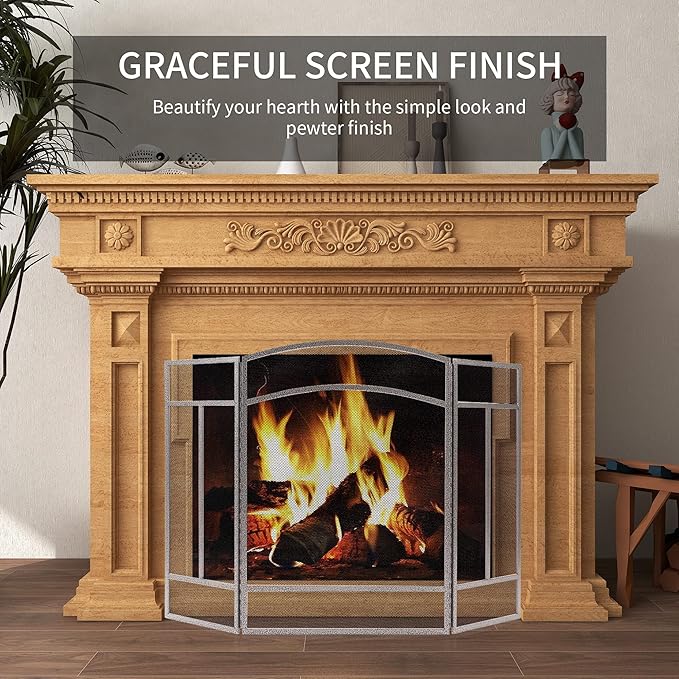 Fire Beauty Fireplace Screen 3 Panel Wrought Iron 48"(L) x 29"(H) Spark Guard Cover(Pewter)