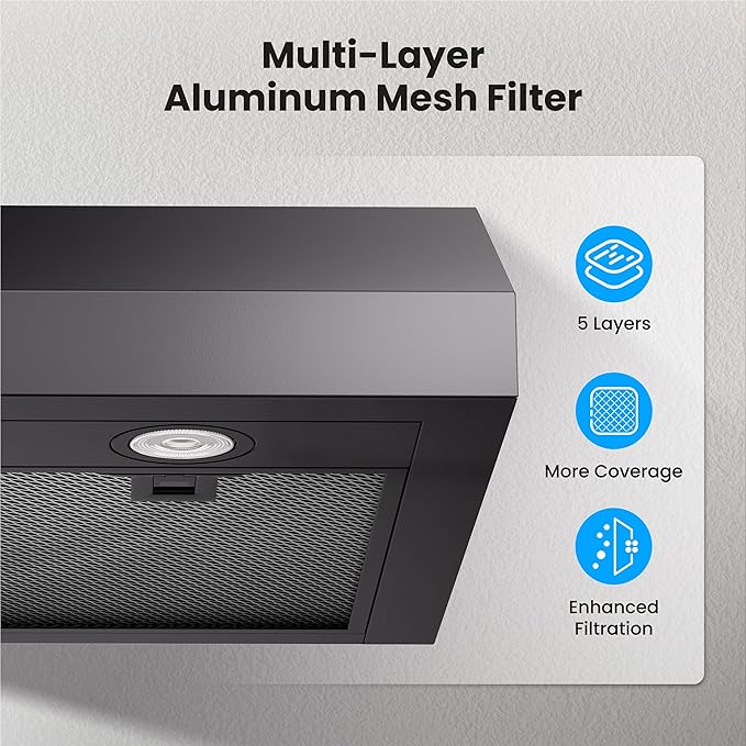 Under Cabinet Range Hood 30 Inch, 580 CFM Dual-Motor Kitchen Vent with LED Lights, Button Control, Ducted Stainless Steel Vent Hood, Reusable 5-Layer Aluminum Filters, Black