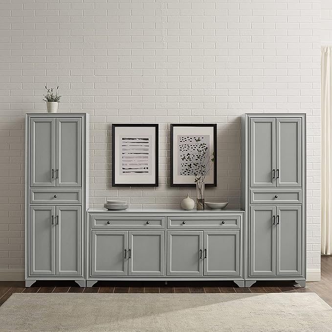 Crosley Furniture Tara 3-Piece Modern Farmhouse Sideboard Buffet Cabinet and Kitchen Storage Pantry Set, Distressed Gray