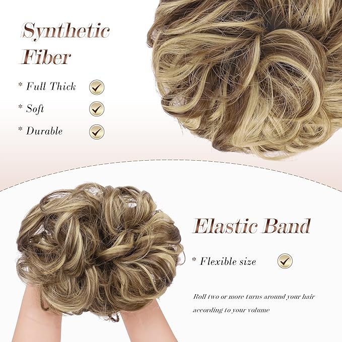 FESHFEN Large Messy Bun Hair Piece - Wavy Synthetic Chignon Scrunchies Elastic Ponytail Hair Extensions Thick Hairpieces for Women, Light Brown & Blonde 1.94oz