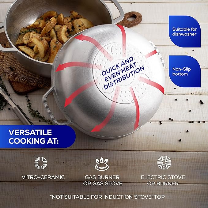 Universal (Medium Size) Caldero 18 Cups - 6.3 QT / 6 L, Stainless Aluminum Pot, Even Heat Distribution and Fast Cooking Dutch Oven Pot, Ergonomic Handles, Ideal for Rice, French Fries, and More